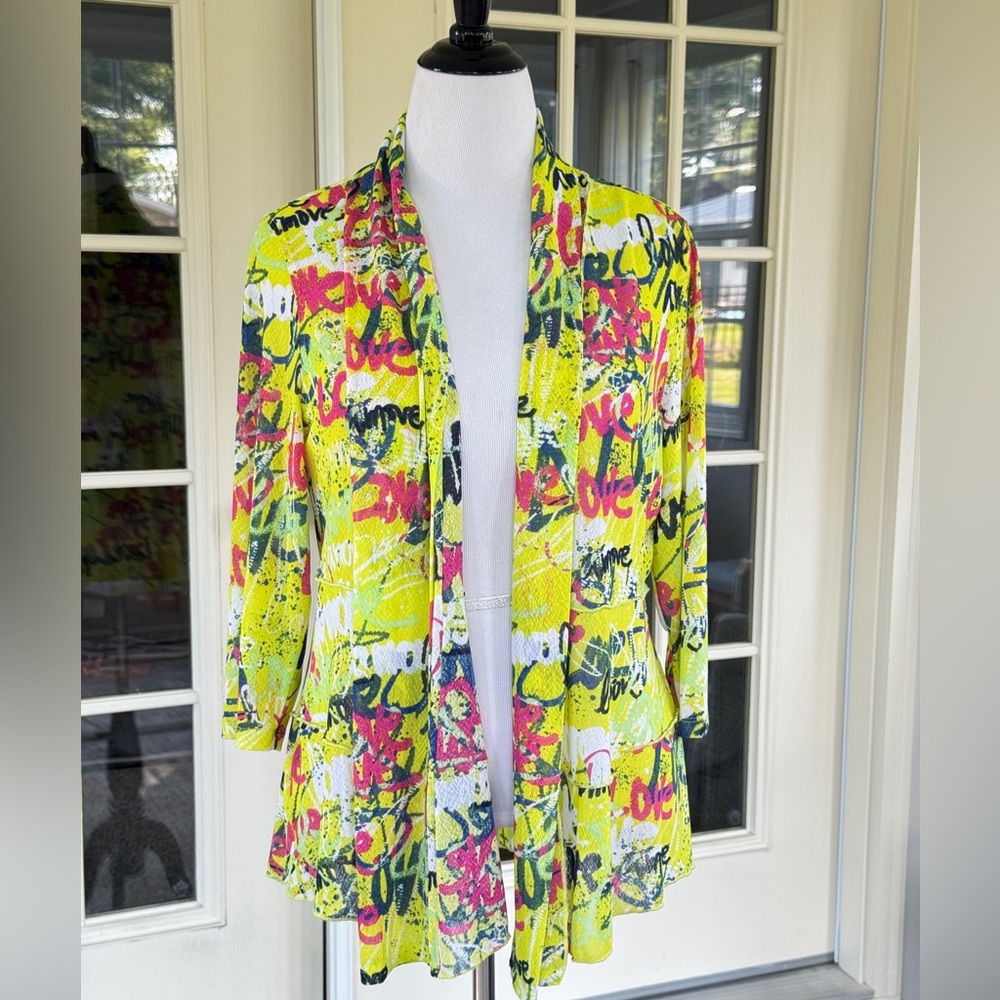 Multiples Vibrant Love Graffiti Graphic Open Front Cardigan XL Petite Yellow Pnk